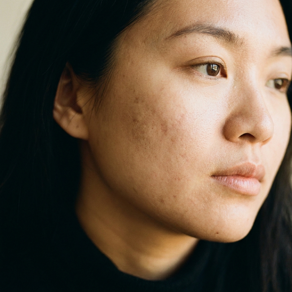 Close-up of woman's face showing post-acne dark marks and uneven skin tone on cheek