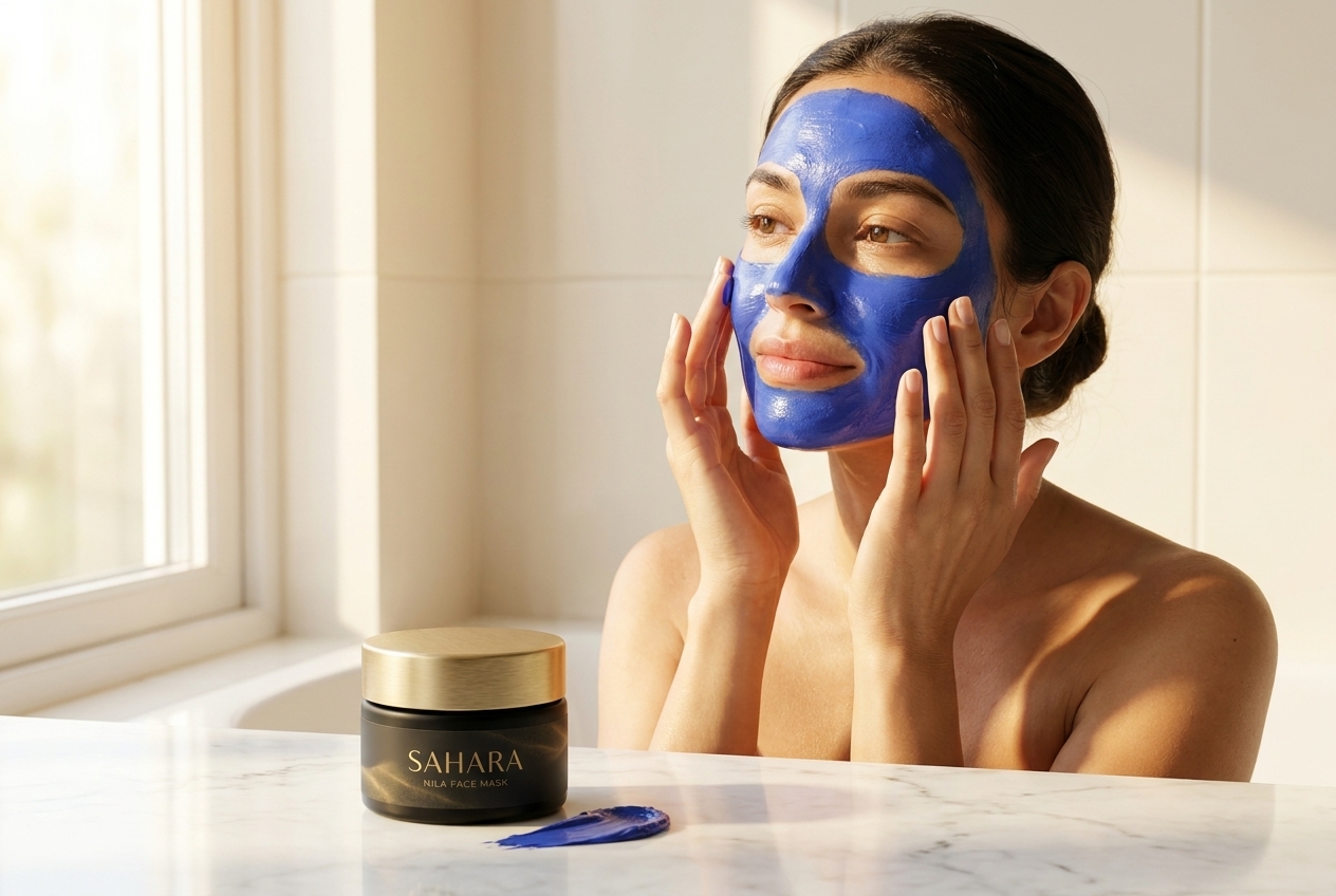 Woman applying Sahara Nila Face Mask to her face near a sunny window