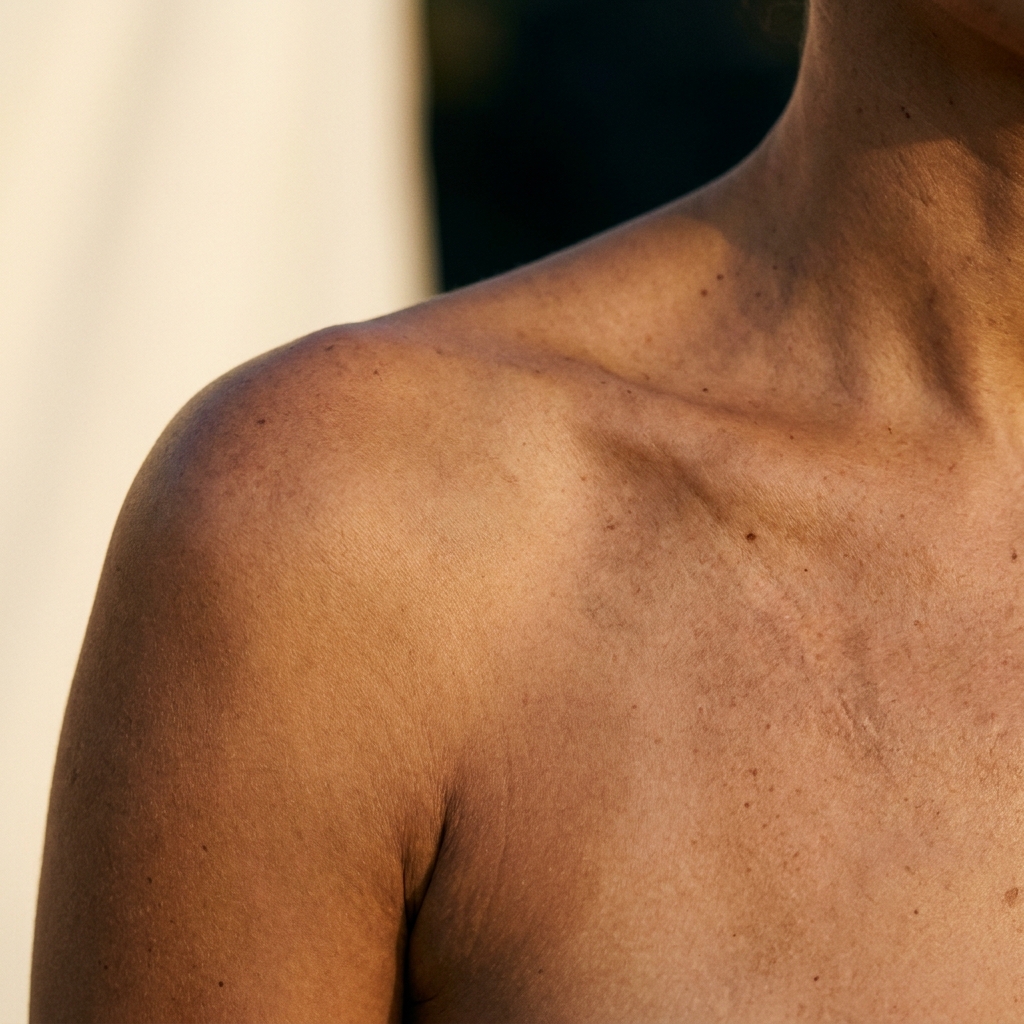 Close-up of sun-damaged skin showing sun spots and uneven tone on shoulder