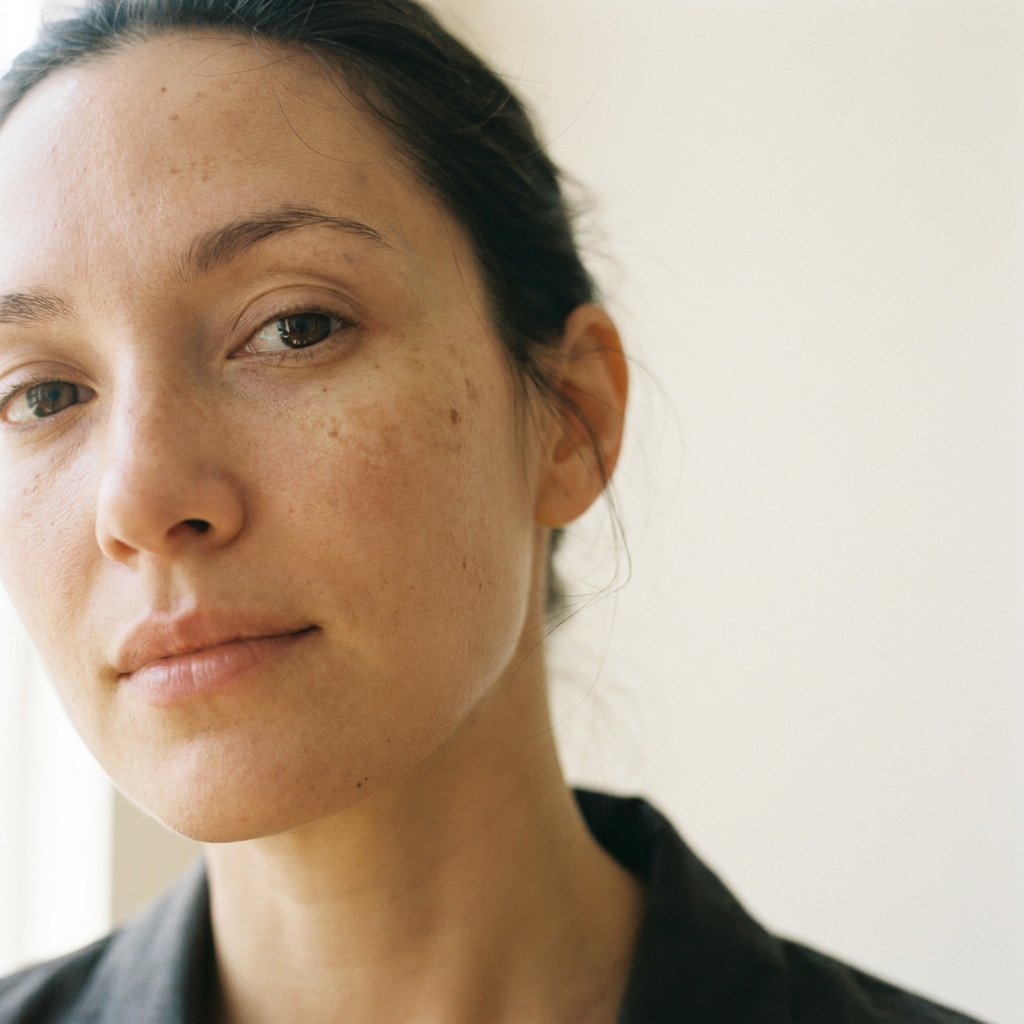 Close-up of woman's face showing uneven skin tone and dark spots