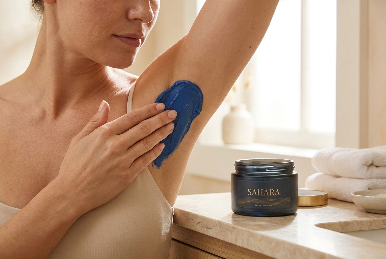 Woman applying Sahara Nila Body Mask to underarm area in clean bathroom setting