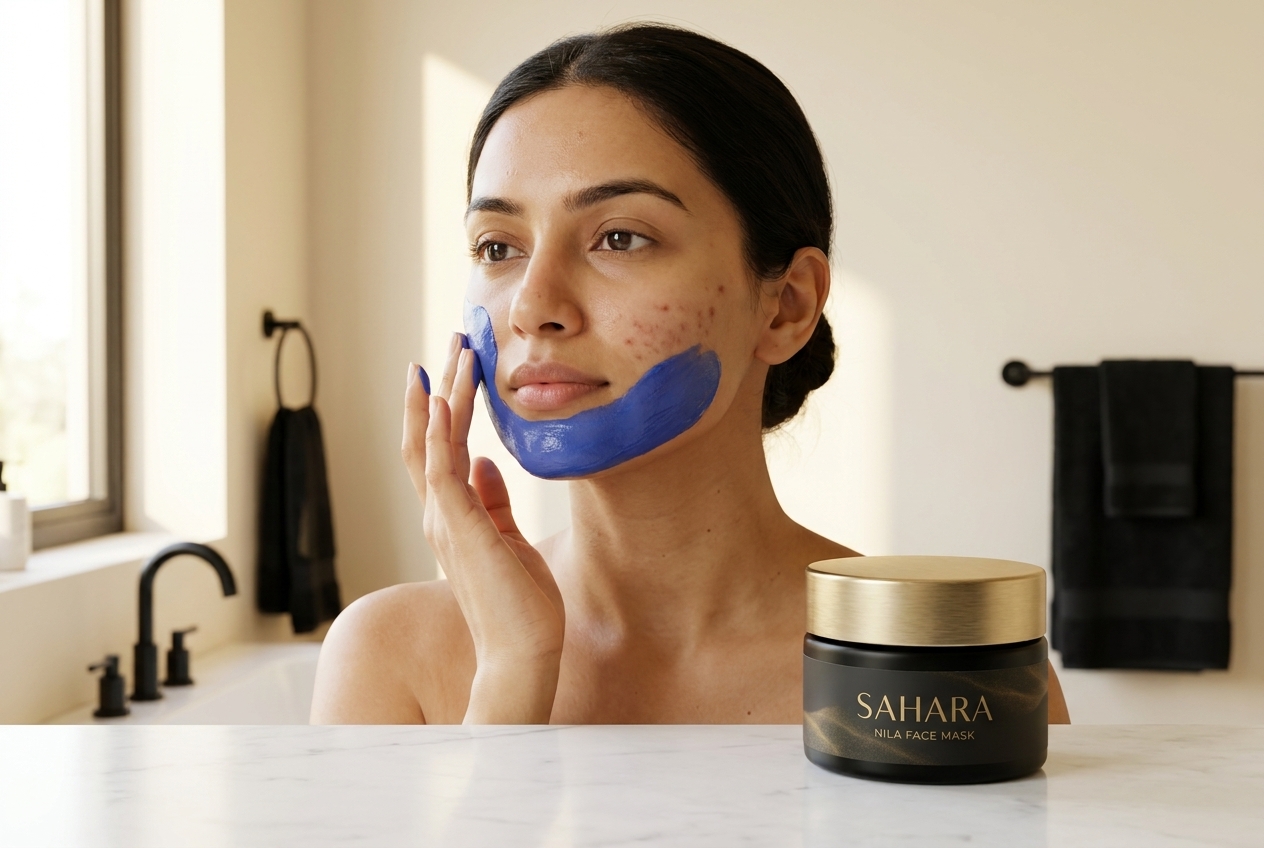 Woman gently applying Sahara Nila Face Mask to cheek with post-blemish marks