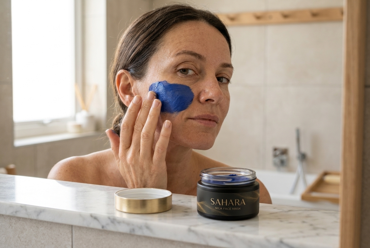 Woman applying Sahara Nila Face Mask with cobalt-blue formula on cheek