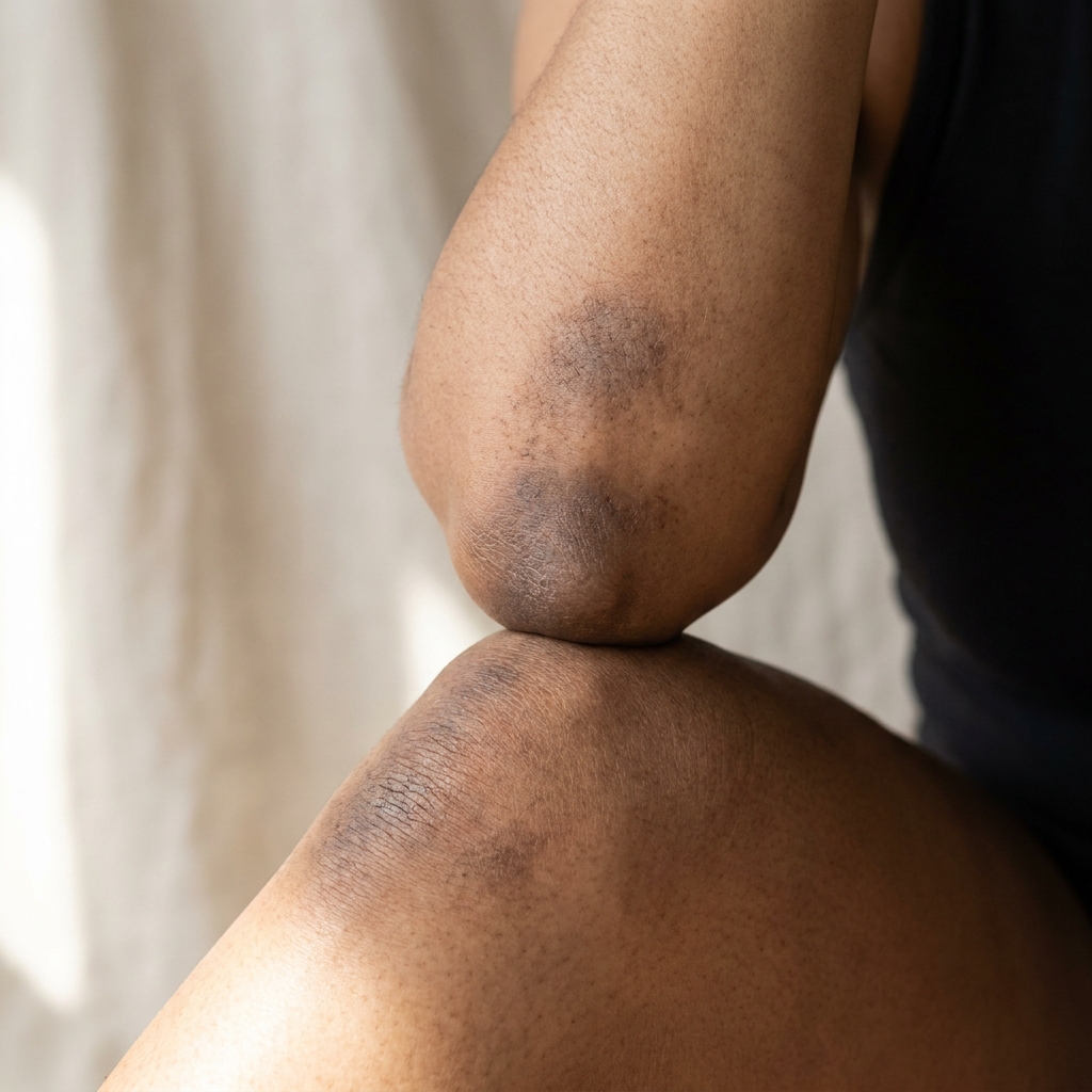 Close-up of dark elbows and knees showing rough texture and discoloration